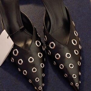 MNG Mango Black Leather Mules With Metallic Details.